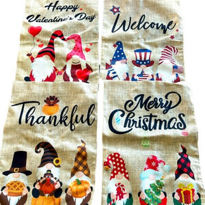 New!! Set of 4 Burlap Holiday Gnome Outdoor Garden Flags 12x18"